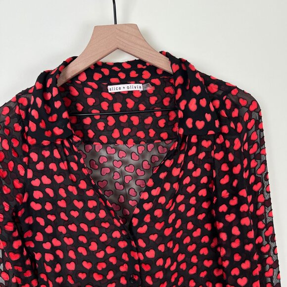 Alice + Olivia Silk Emmerson Burnout Velvet Heart Shirt Sheer Button Down Blouse - Picture 6 of 16